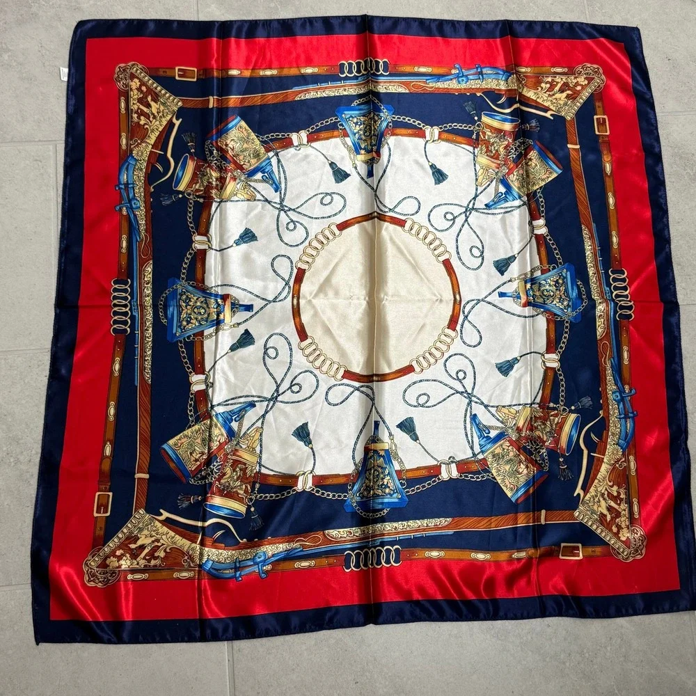 Equestrian Belt Chain Print‎ Square Scarf Navy Blue Red Silk Feeling Polyester